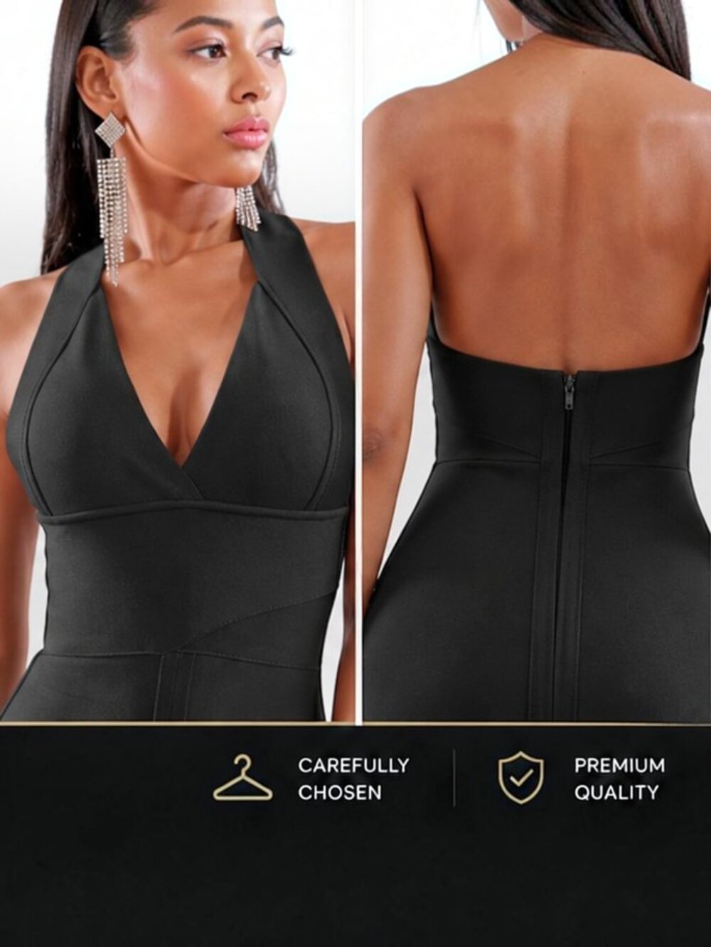 Black Halter Bandage Midi Dress | Deep V Open Back Bodycon | Size M - Picture 5 of 7